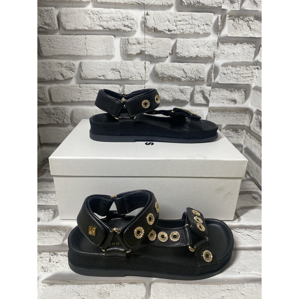 Sandro Rhinestone Hook-and-Loop Sandals Black Leather Women's Size‎ 6